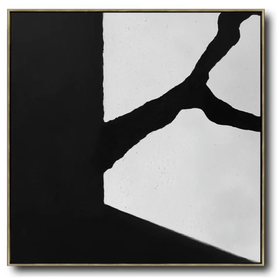 Abstract canvas with left 60% solid black area and right 40% white section split by jagged black fracture. Zero text/symbols present. Extreme matte black and flat white contrast with visible brush texture.