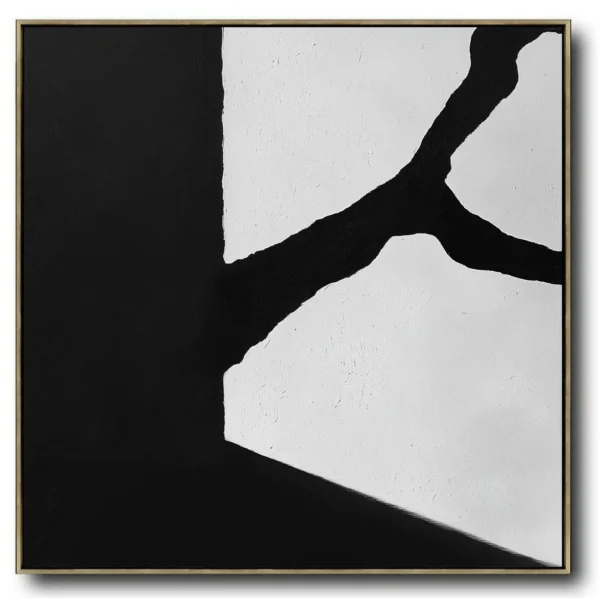 Abstract canvas with left 60% solid black area and right 40% white section split by jagged black fracture. Zero text/symbols present. Extreme matte black and flat white contrast with visible brush texture.