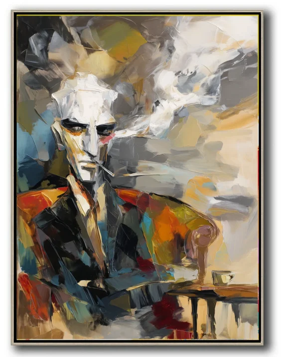 Abstract oil painting of mustached man smoking pipe. Distorted face with monochrome planes and red accents, swirling turquoise/yellow background, espresso-brown table holding small cup. No text visible.