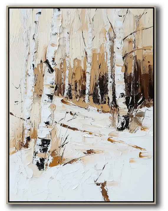 Vertical oil painting of birch forest in snow. White tree trunks with black markings stand amid textured snowdrifts against tan-brown forest background. No visible text.