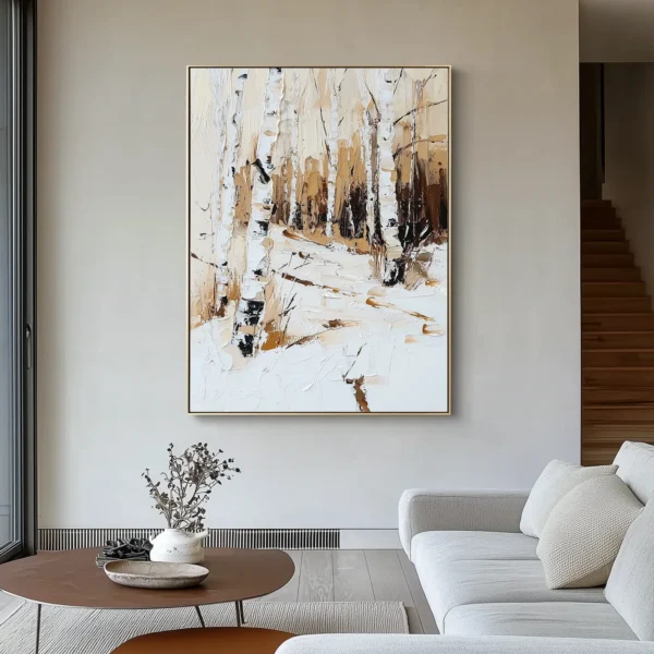 Vertical oil painting of birch forest in snow. White tree trunks with black markings stand amid textured snowdrifts against tan-brown forest background. No visible text.
