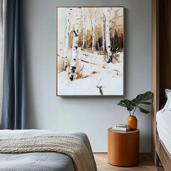 Vertical oil painting of birch forest in snow. White tree trunks with black markings stand amid textured snowdrifts against tan-brown forest background. No visible text.