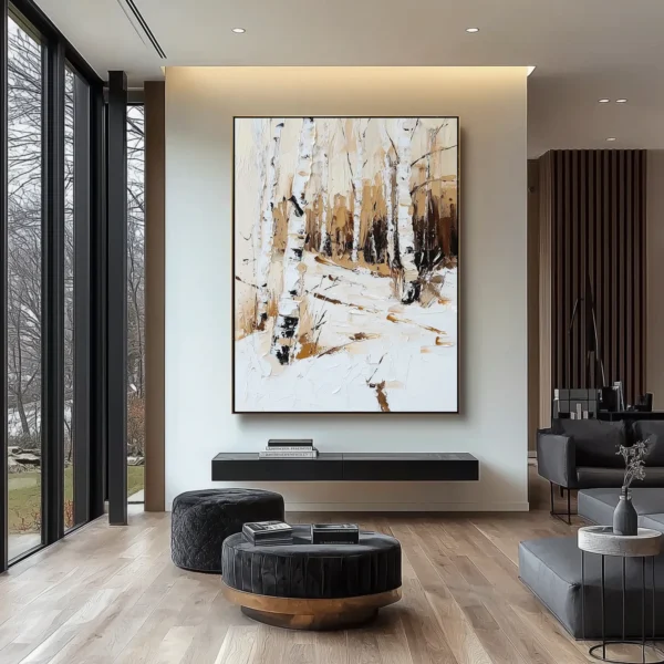 Vertical oil painting of birch forest in snow. White tree trunks with black markings stand amid textured snowdrifts against tan-brown forest background. No visible text.