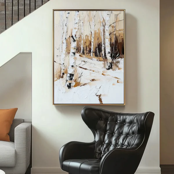 Vertical oil painting of birch forest in snow. White tree trunks with black markings stand amid textured snowdrifts against tan-brown forest background. No visible text.