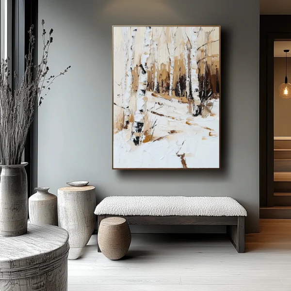 Vertical oil painting of birch forest in snow. White tree trunks with black markings stand amid textured snowdrifts against tan-brown forest background. No visible text.
