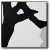 Abstract painting: Dominant matte black branching structure with irregular voids on white textured background. Zero text/symbols present. High-contrast composition with visible canvas weave.