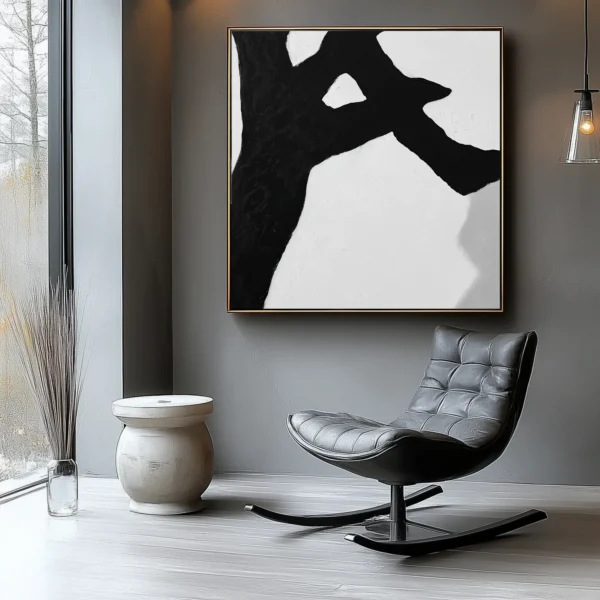 Abstract painting: Dominant matte black branching structure with irregular voids on white textured background. Zero text/symbols present. High-contrast composition with visible canvas weave.