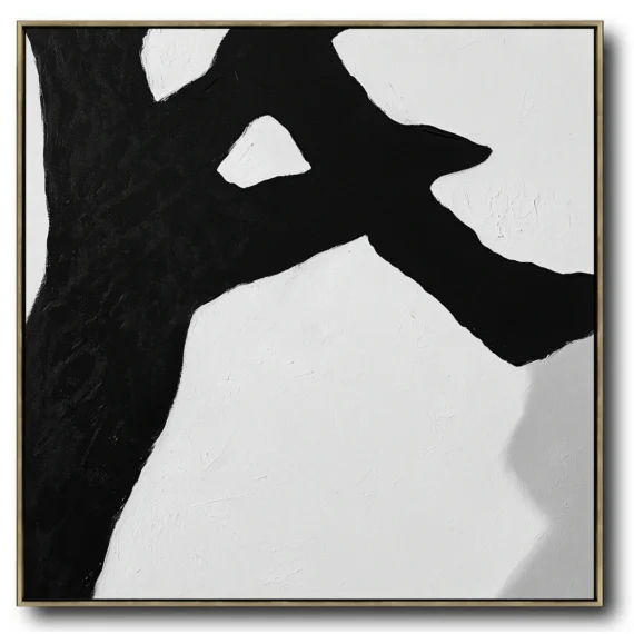 Abstract painting: Dominant matte black branching structure with irregular voids on white textured background. Zero text/symbols present. High-contrast composition with visible canvas weave.
