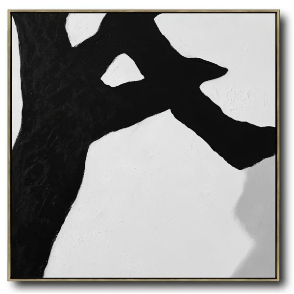 Abstract painting: Dominant matte black branching structure with irregular voids on white textured background. Zero text/symbols present. High-contrast composition with visible canvas weave.