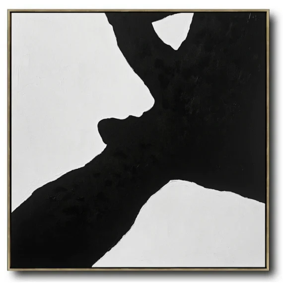 Abstract painting on white canvas featuring jagged black geometric shapes with sharp edges. Textured paint layers create three-dimensional depth, with no recognizable objects or text. Extreme black-white contrast dominates the composition.