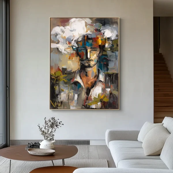 Abstract oil painting of semi-visible face surrounded by yellow flowers. Thick paint texture with visible palette knife marks. No legible text present in image. Dominant colors: red, yellow, blue and brown.