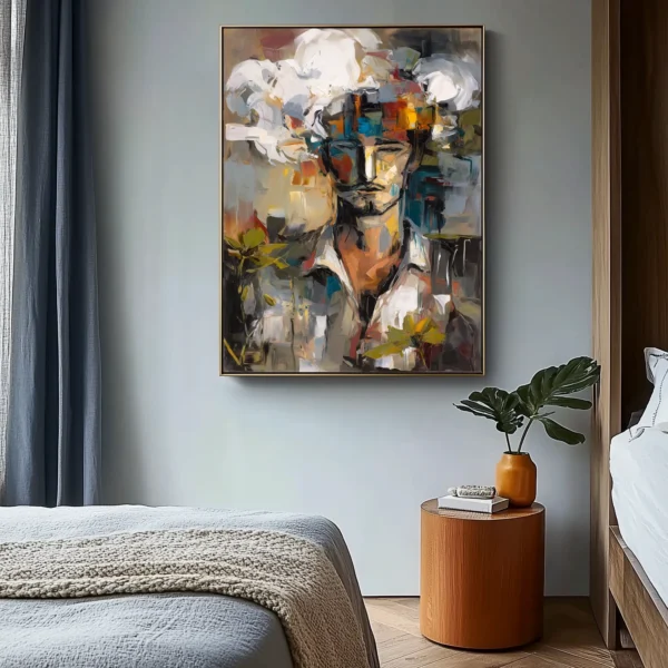 Abstract oil painting of semi-visible face surrounded by yellow flowers. Thick paint texture with visible palette knife marks. No legible text present in image. Dominant colors: red, yellow, blue and brown.