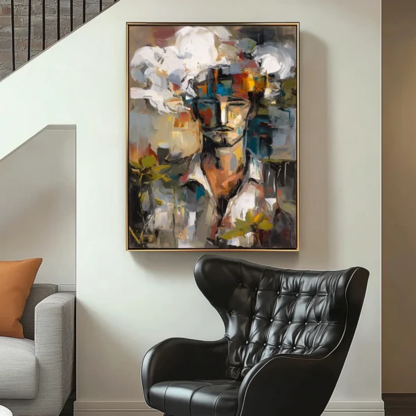 Abstract oil painting of semi-visible face surrounded by yellow flowers. Thick paint texture with visible palette knife marks. No legible text present in image. Dominant colors: red, yellow, blue and brown.