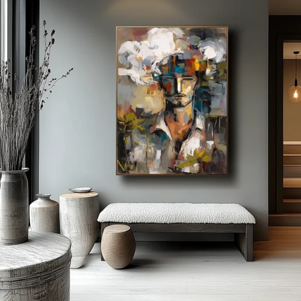 Abstract oil painting of semi-visible face surrounded by yellow flowers. Thick paint texture with visible palette knife marks. No legible text present in image. Dominant colors: red, yellow, blue and brown.