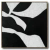 Abstract canvas dominated by matte black background with fragmented white geometric forms. Sculptural paint layers create dimensional floating shapes with sharp angular edges and curved contours, no recognizable text or symbols present.