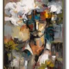 Abstract oil painting of semi-visible face surrounded by yellow flowers. Thick paint texture with visible palette knife marks. No legible text present in image. Dominant colors: red, yellow, blue and brown.