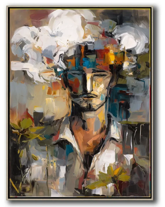 Abstract oil painting of semi-visible face surrounded by yellow flowers. Thick paint texture with visible palette knife marks. No legible text present in image. Dominant colors: red, yellow, blue and brown.