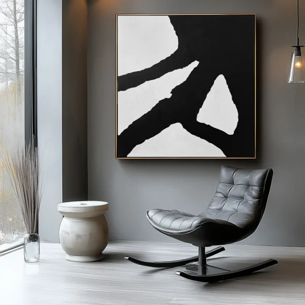 Abstract painting featuring 4-5 torn-edge white shapes floating on solid black background. No text/symbols exist. Visible thick paint texture and canvas weave.