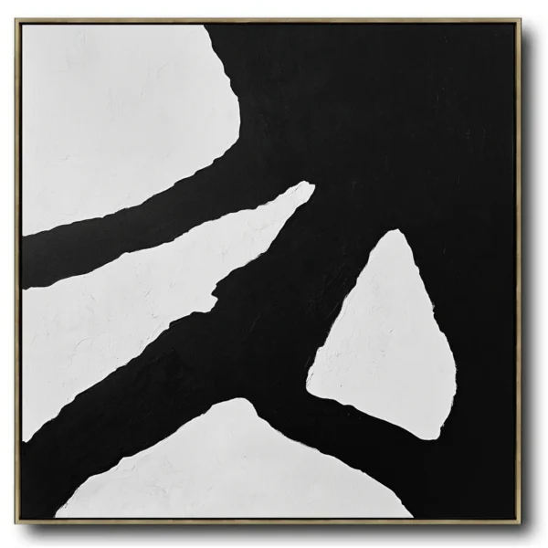 Abstract painting featuring 4-5 torn-edge white shapes floating on solid black background. No text/symbols exist. Visible thick paint texture and canvas weave.