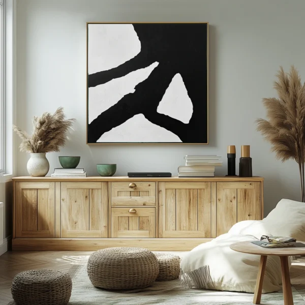 Abstract painting featuring 4-5 torn-edge white shapes floating on solid black background. No text/symbols exist. Visible thick paint texture and canvas weave.