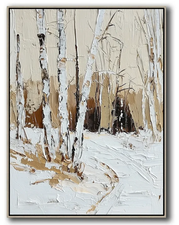 Vertical oil painting of snowy birch forest. White tree trunks with dark markings stand amid textured snowdrifts, blending into muted beige background suggesting distant trees under soft overcast sky.