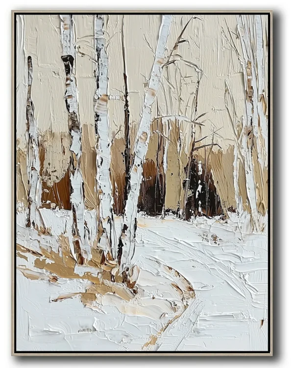 Vertical oil painting of snowy birch forest. White tree trunks with dark markings stand amid textured snowdrifts, blending into muted beige background suggesting distant trees under soft overcast sky.