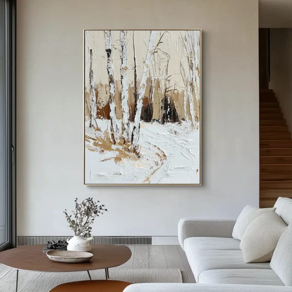 Vertical oil painting of snowy birch forest. White tree trunks with dark markings stand amid textured snowdrifts, blending into muted beige background suggesting distant trees under soft overcast sky.