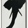 Abstract black elephant head silhouette with rough brushstroke texture on white canvas. Central composition with visible "不" character in negative space. Minimalist monochrome style.