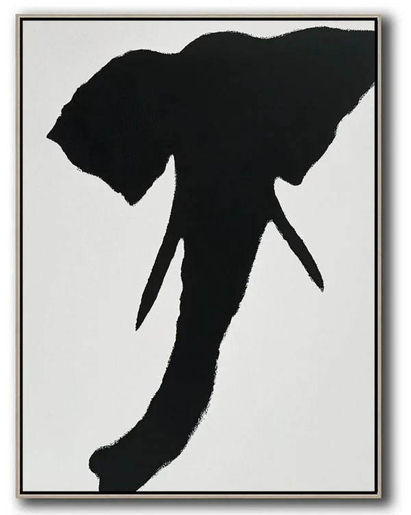 Abstract black elephant head silhouette with rough brushstroke texture on white canvas. Central composition with visible "不" character in negative space. Minimalist monochrome style.