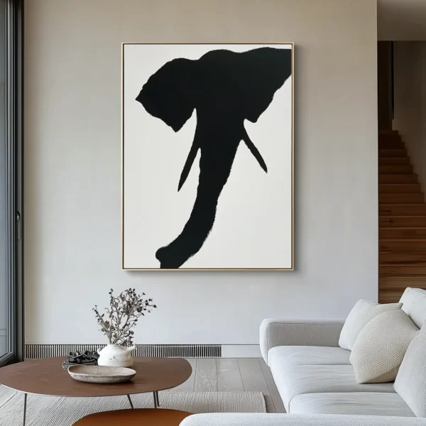 Abstract black elephant head silhouette with rough brushstroke texture on white canvas. Central composition with visible "不" character in negative space. Minimalist monochrome style.