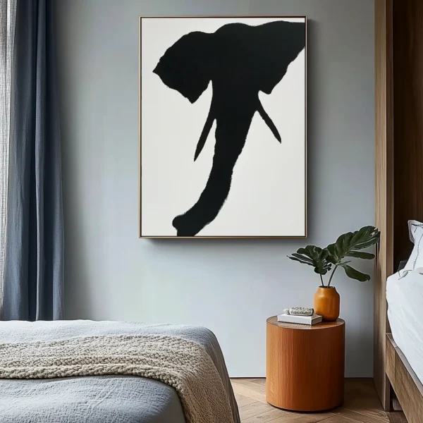 Abstract black elephant head silhouette with rough brushstroke texture on white canvas. Central composition with visible "不" character in negative space. Minimalist monochrome style.