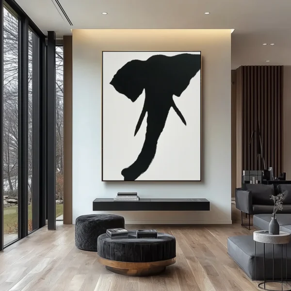 Abstract black elephant head silhouette with rough brushstroke texture on white canvas. Central composition with visible "不" character in negative space. Minimalist monochrome style.