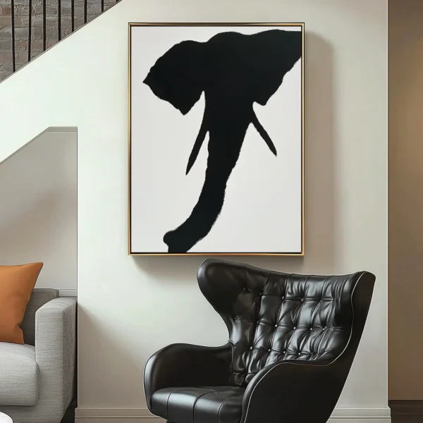 Abstract black elephant head silhouette with rough brushstroke texture on white canvas. Central composition with visible "不" character in negative space. Minimalist monochrome style.