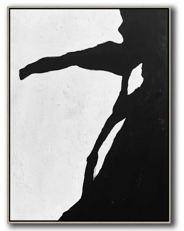 Abstract monochrome painting with jagged black geometric shapes floating on textured white background. Rough paint surface with deep recesses and raised edges. No text, people, or recognizable objects present.