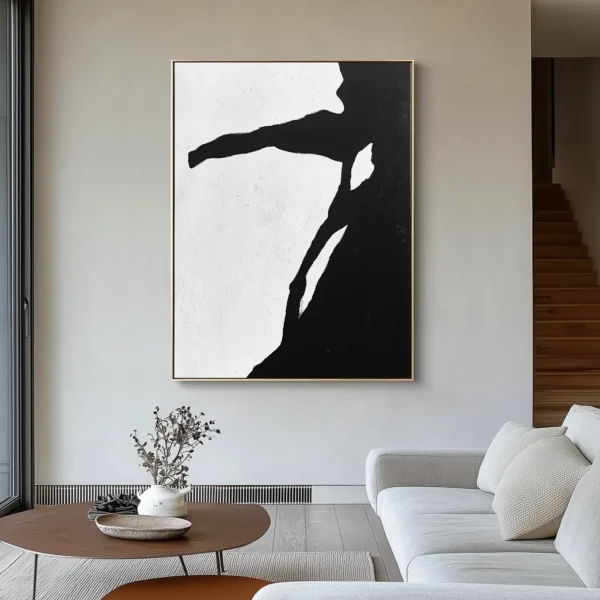 Abstract monochrome painting with jagged black geometric shapes floating on textured white background. Rough paint surface with deep recesses and raised edges. No text, people, or recognizable objects present.