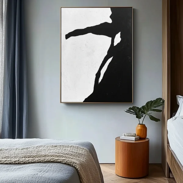Abstract monochrome painting with jagged black geometric shapes floating on textured white background. Rough paint surface with deep recesses and raised edges. No text, people, or recognizable objects present.