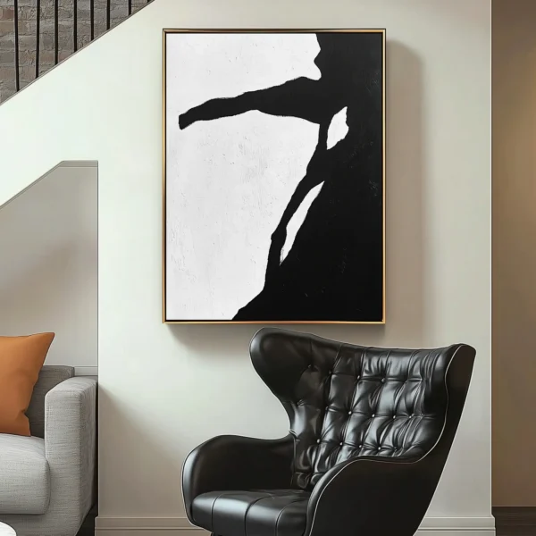 Abstract monochrome painting with jagged black geometric shapes floating on textured white background. Rough paint surface with deep recesses and raised edges. No text, people, or recognizable objects present.