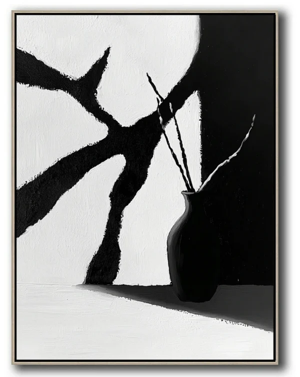 Minimalist oil painting: Black vase holding curved stems stands at lower right, casting shadow on surface. Angular white and charcoal-gray background planes with visible brush texture. No text or discernible words.