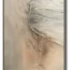 Oil painting of gentle waves meeting sandy beach. Right-side foamy waves curve across warm-toned sand. Minimalist background with no text or objects.