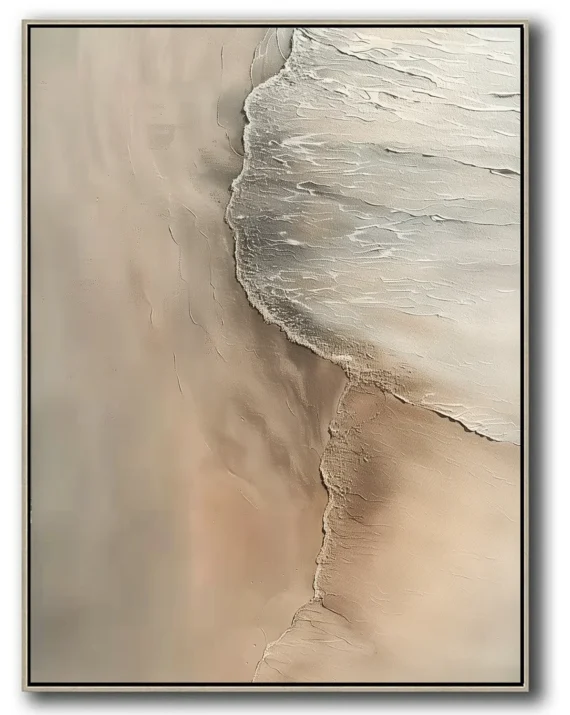Oil painting of gentle waves meeting sandy beach. Right-side foamy waves curve across warm-toned sand. Minimalist background with no text or objects.