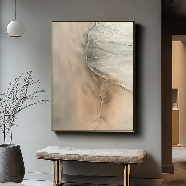Oil painting of gentle waves meeting sandy beach. Right-side foamy waves curve across warm-toned sand. Minimalist background with no text or objects.