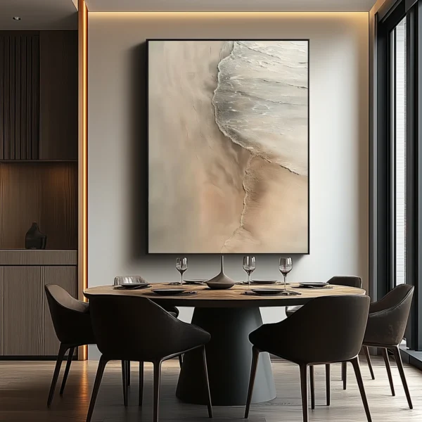 Oil painting of gentle waves meeting sandy beach. Right-side foamy waves curve across warm-toned sand. Minimalist background with no text or objects.