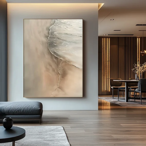 Oil painting of gentle waves meeting sandy beach. Right-side foamy waves curve across warm-toned sand. Minimalist background with no text or objects.