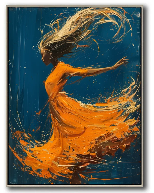 Abstract painting of woman in motion: Orange dress swirls as dark hair flows sideways. Dynamic blue background with energetic paint splatters. No visible text or discernible words.