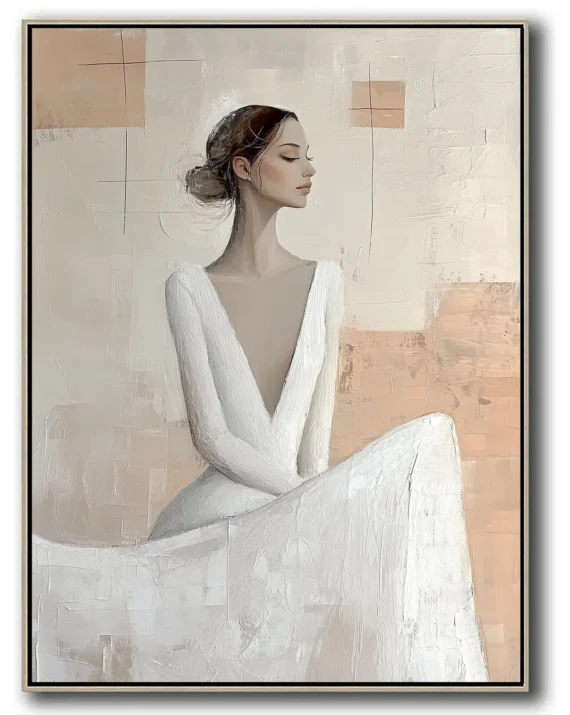 Oil painting of a woman with updo hairstyle wearing white V-neck gown. Eyes closed in profile view against abstract beige and ivory textured backdrop. No text or discernible elements.