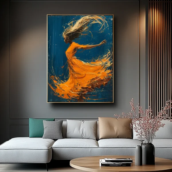Abstract painting of woman in motion: Orange dress swirls as dark hair flows sideways. Dynamic blue background with energetic paint splatters. No visible text or discernible words.